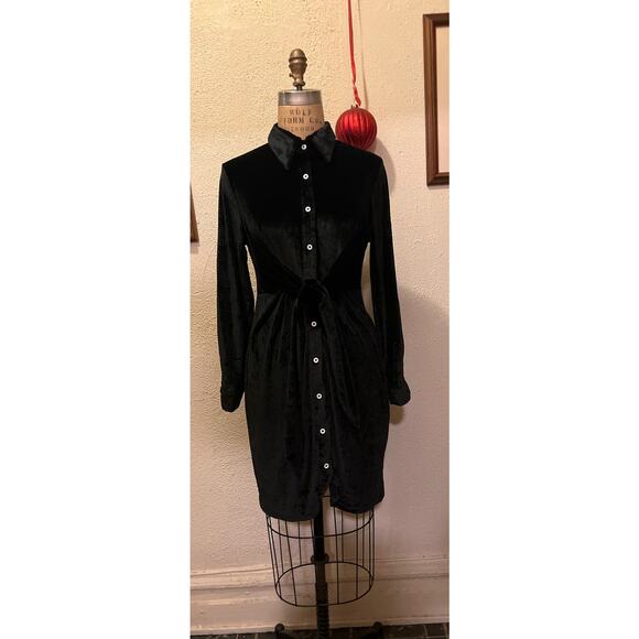 Leadingstar Velvet Button Down Long Sleeve Tie Dress NWT Size M - Picture 2 of 12